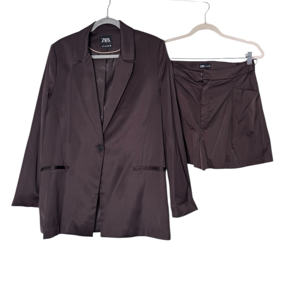 Zara Suit Set Dark Brown Blazer Size L And Short Pants Size XL